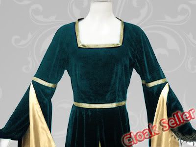 Medieval Green Velvet Dresses Yellow Silk Wedding Gown Dance Dress Costume 