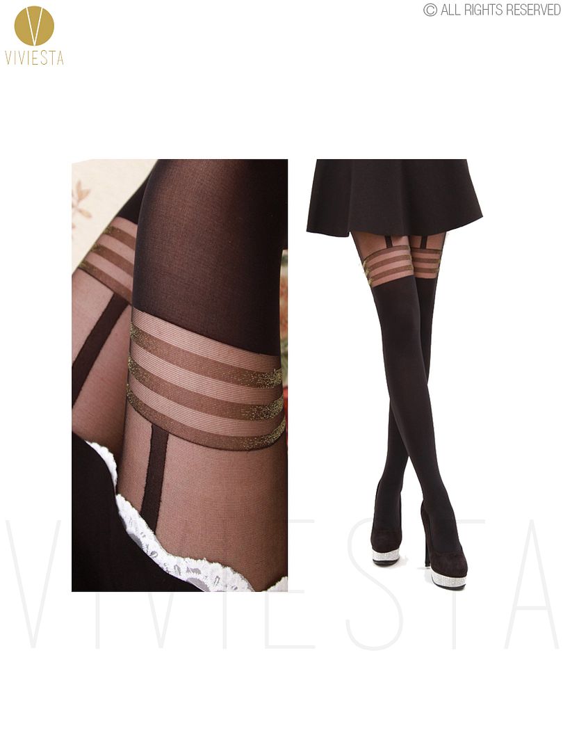 Triple Stripe Glitter Mock Suspender Tights Sexy Vintage Sheer Socks