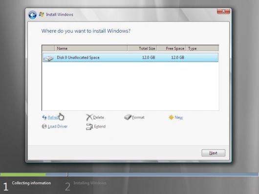 Selecione a partição na qual o Windows Server 2008 será instalado