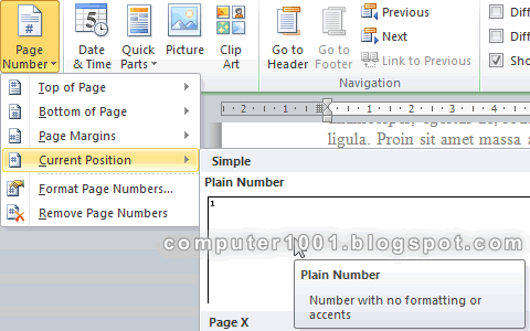 Page Number Current Position - Plain Number - MS Word