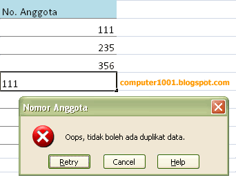 Pesan peringatan duplikat data - Excel 2007