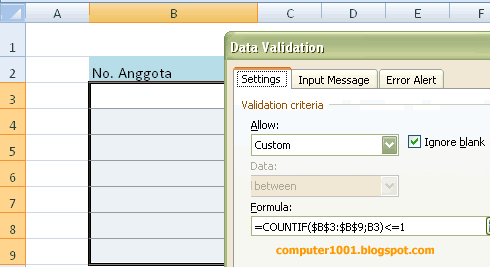 Custom Formula untuk mencegah duplikasi data - Excel 2007