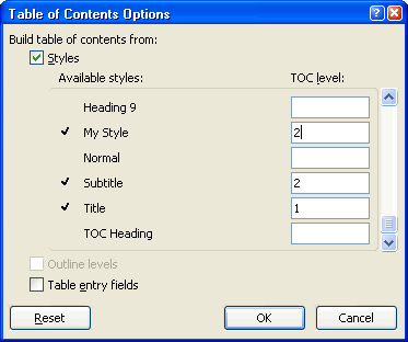 Table of Contents Options