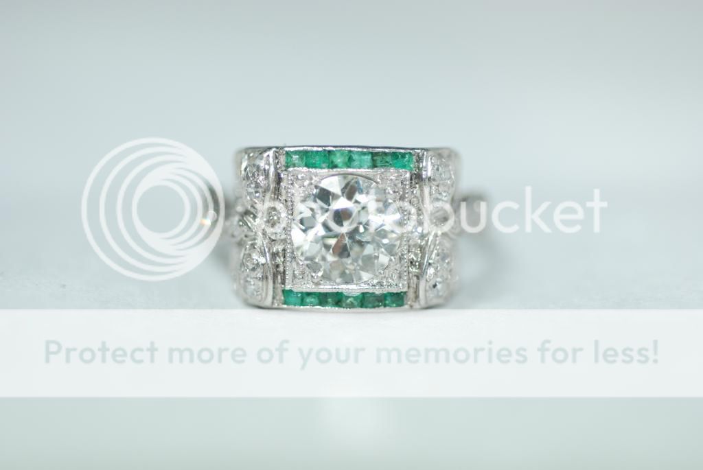 Original 1920s Deco 1.60ct Old Miner Diamond & Emerald Engagement 