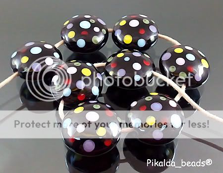 PIKALDA=handmade lampwork 8 beads glass=BLACK DOT=SRA  