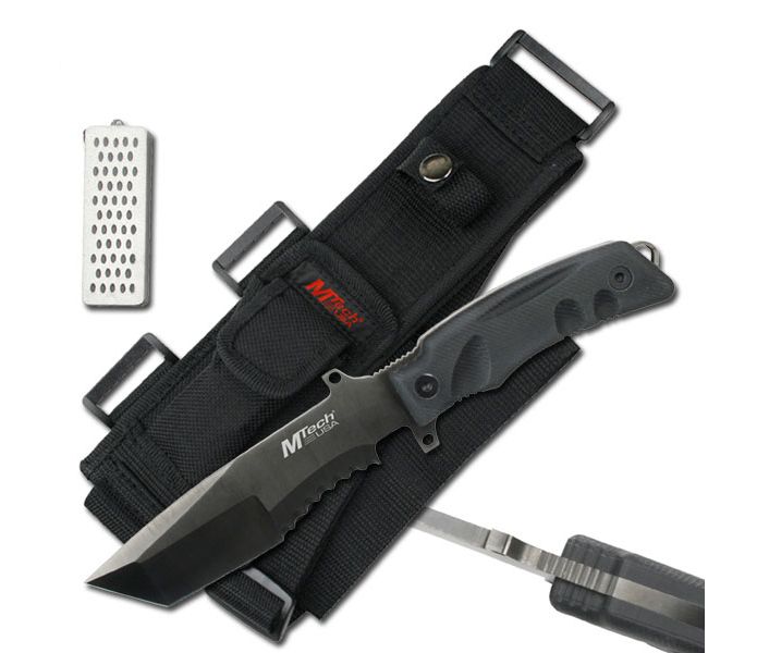 10 75" MTech USA Tanto Hunting Knife w Diamond Sharpener Survival Fixed Blade