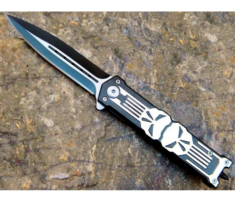 8 25" Punisher Stiletto Spring Assisted Knife Folding Blade Pocket Open Assist